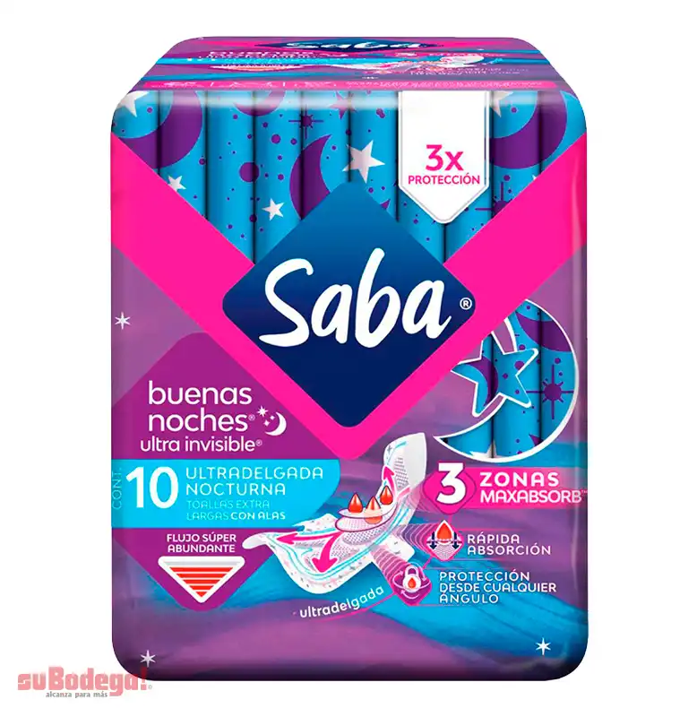 Toalla Sanitaria Saba Ultra Buenas Noches con Alas 10 pz.