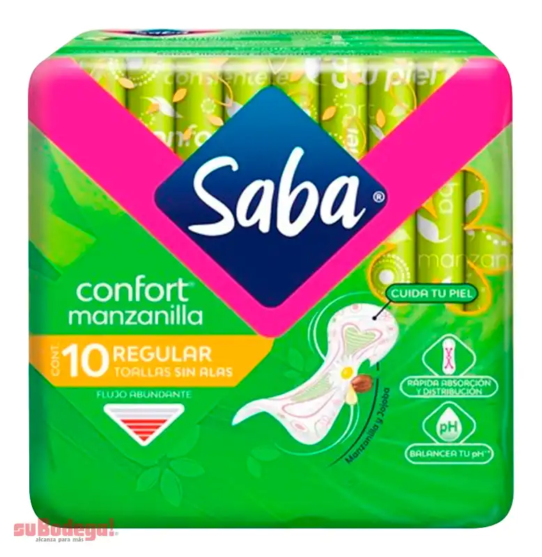 Toalla Sanitaria Saba Confort Manzanilla Regular sin Alas 10 pz.