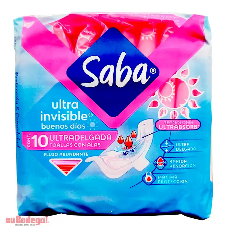 Toalla Sanitaria Saba Ultra Invisible con Alas 10 pz.