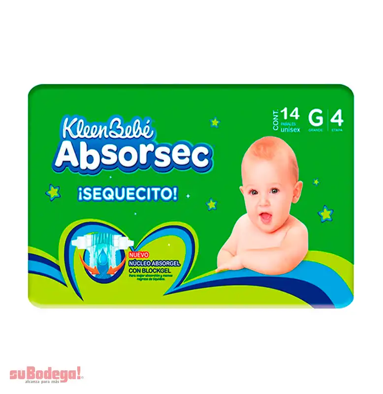 Pañal Kleen Bebé Absorsec Unisex Grande 14 pz.