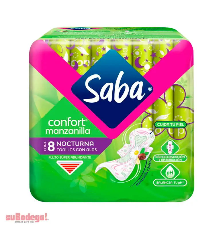 Toalla Sanitaria Saba Confort Manzanilla Nocturna con Alas 8 pz.