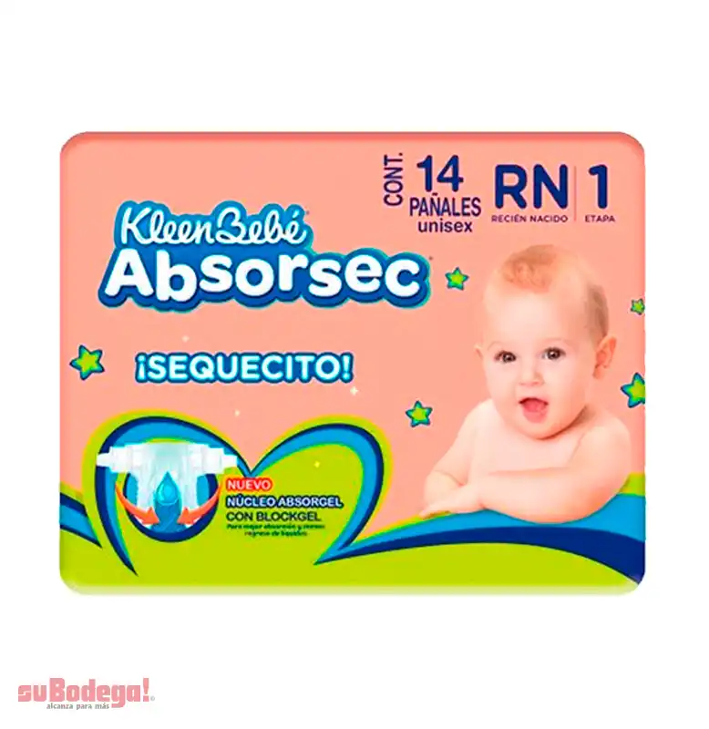 Pañal Kleen Bebé Absorsec Unisex Recién Nacido 14 pz.