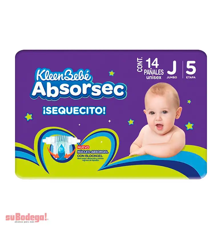 Pañal Kleen Bebé Absorsec Unisex Jumbo 14 pz.