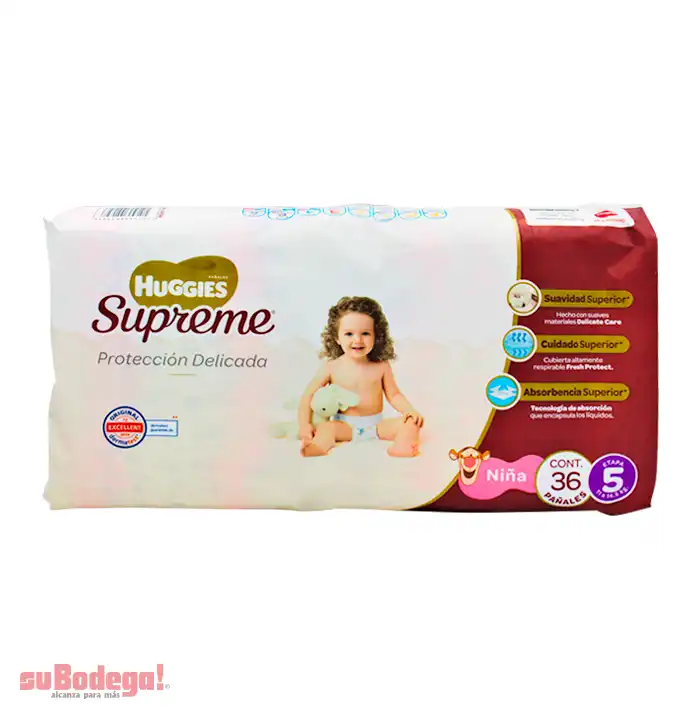 Pañal Huggies Supreme Puré Niña Etapa 5 36 pz.