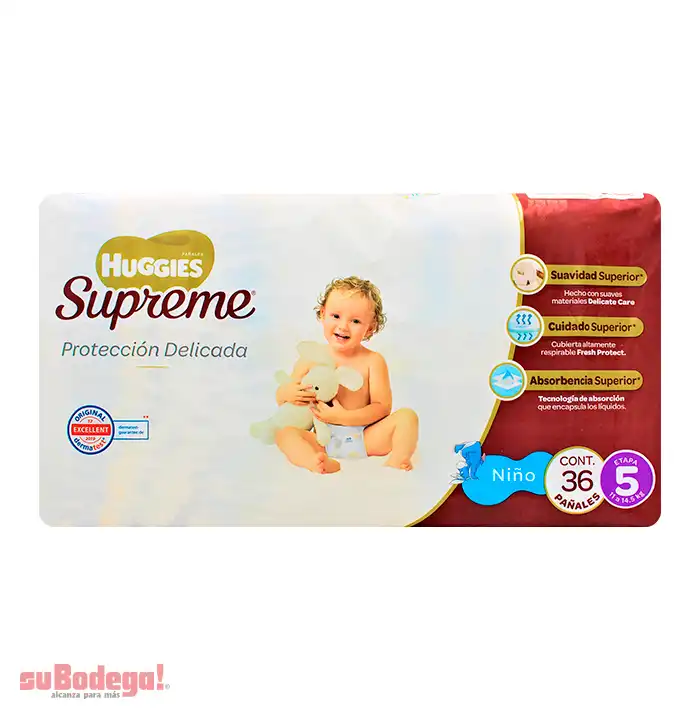 Pañal Huggies Supreme Puré Niño Etapa 5 36 pz.