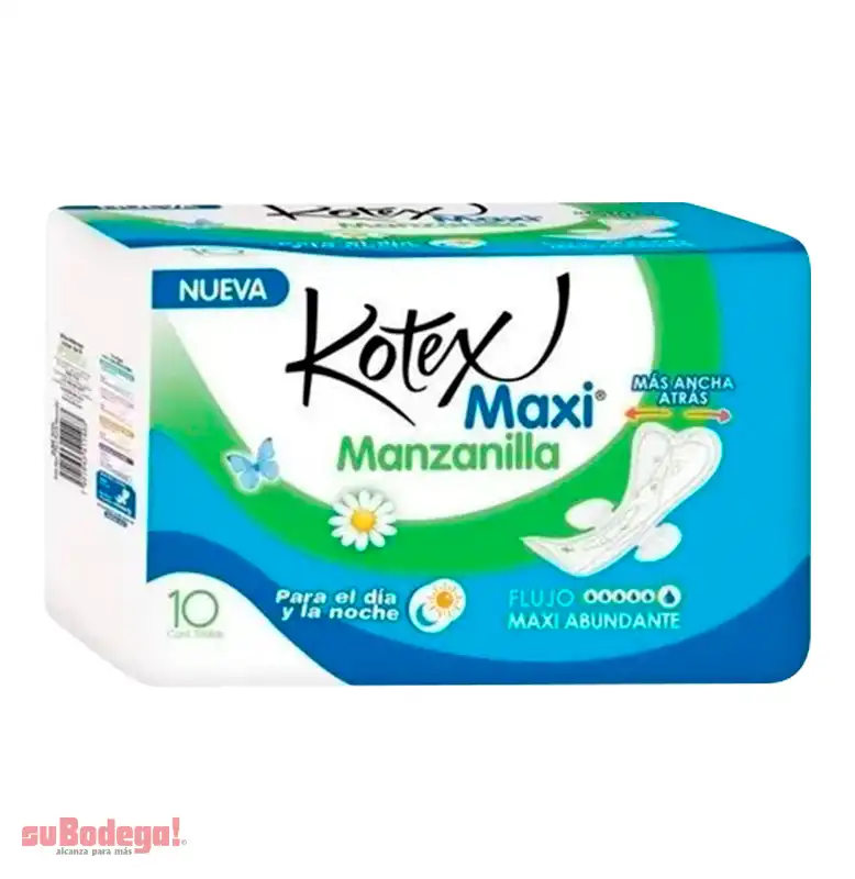 Toalla Sanitaria Kotex Maxi Día y Noche Manzanilla con alas 10 pz.