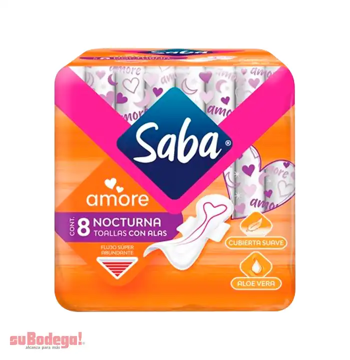 Toalla Sanitaria Saba Amore Nocturna con Alas 8 pz.