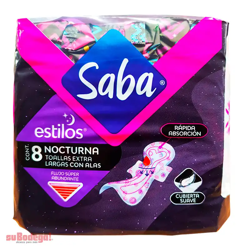 Toalla Sanitaria Saba Estilos Nocturna con Alas 8 pz.