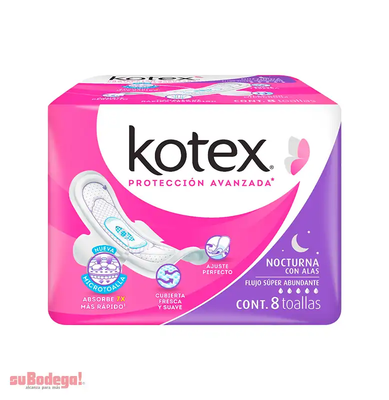 Toalla Sanitaria Kotex Nocturna con Alas 8 pz.