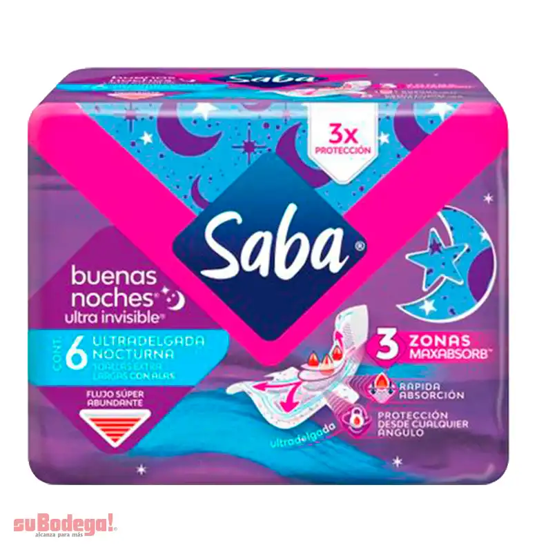 Toalla Sanitaria Saba Ultra Invisible Nocturna con Alas 6 pz.