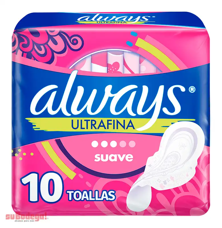 Toalla Sanitaria Always Ultrafina Suave con Alas 10 pz.