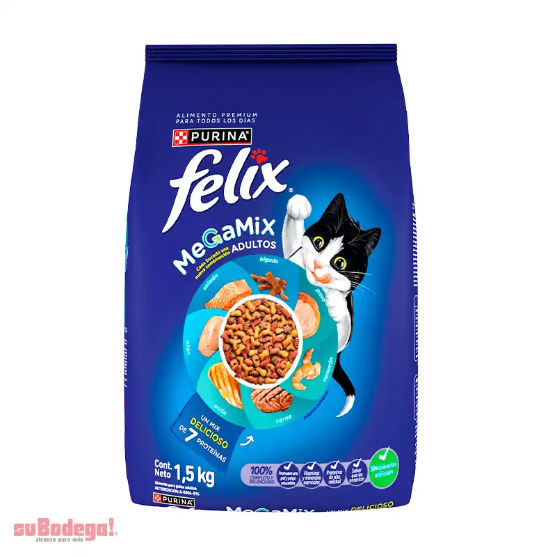 Felix Megamix Alimento Seco gatos adultos todas razas 7 proteínas, bulto 1.5 Kg