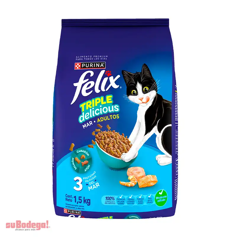 Felix Triple Delicious Mar Alimento Seco gatos adultos camarón, salmón, atún, bulto 1.5 Kg