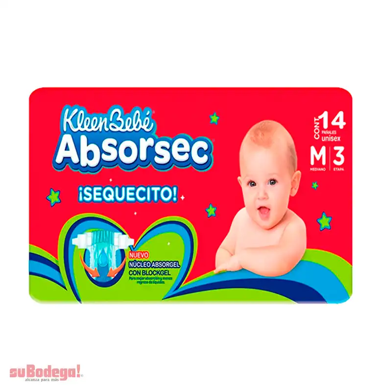 Pañal Kleen Bebé Absorsec Unisex Mediano 14 pz.