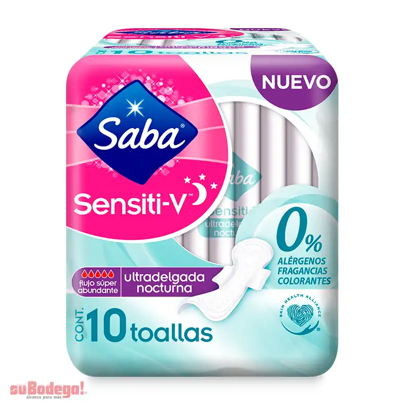 Toalla Sanitaria Saba Sensiti-V Ultradelgada Nocturna 10 pz.