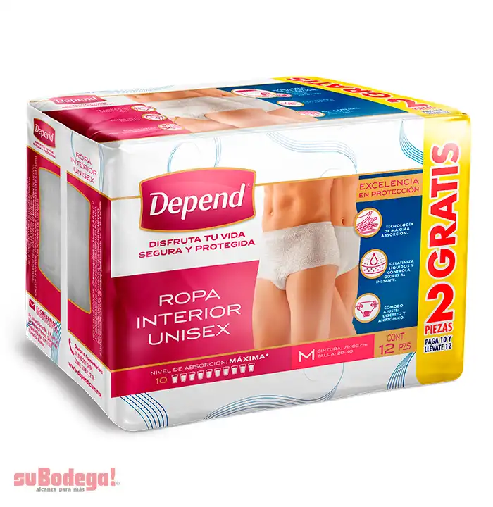 Pañal Depend Ropa Interior Unisex Mediano 10 pz. + 2 pz.
