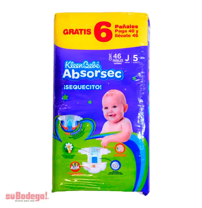 Pañal Kleen Bebé Absorsec Jumbo 40 pz- + 6 pz.