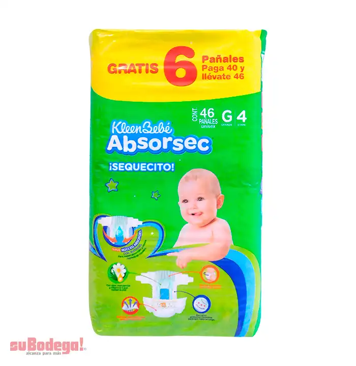 Pañal Kleen Bebé Absorsec Grande 40 pz + 6 pz.