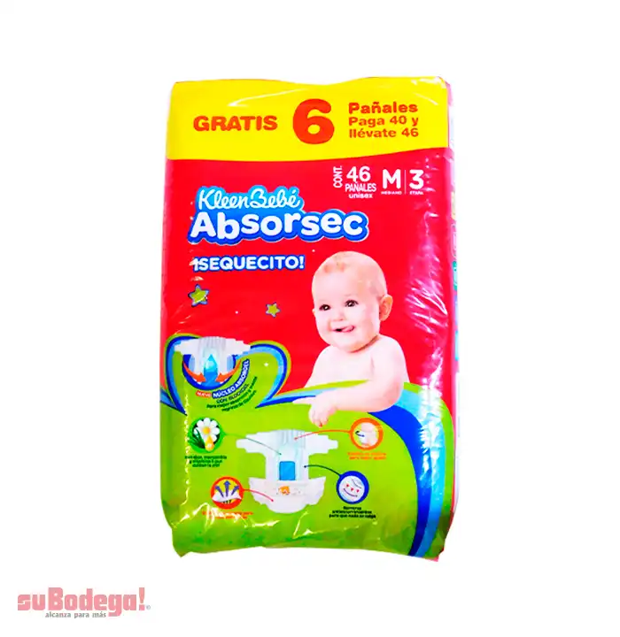 Pañal Kleen Bebé Absorsec Mediano 40 pz. + 6 pz.