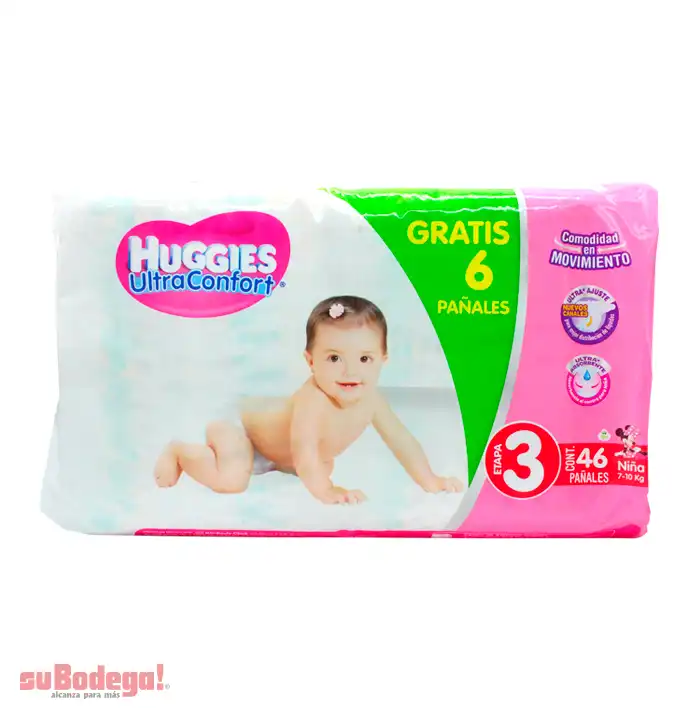 Pañal Huggies Ultraconfort Niña Etapa 3 40 pz. + 6