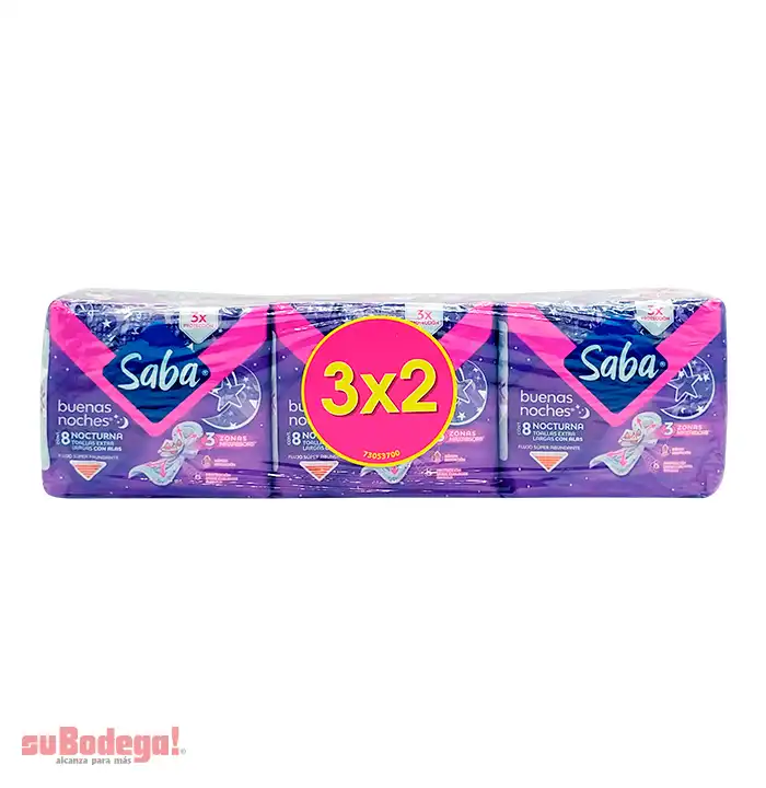 Toalla Sanitaria Saba Buenas Noches con Alas 8 pz. 3x2