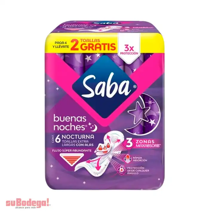 Toalla Sanitaria Saba Buenas Noches Extra Larga 4 PZ+2